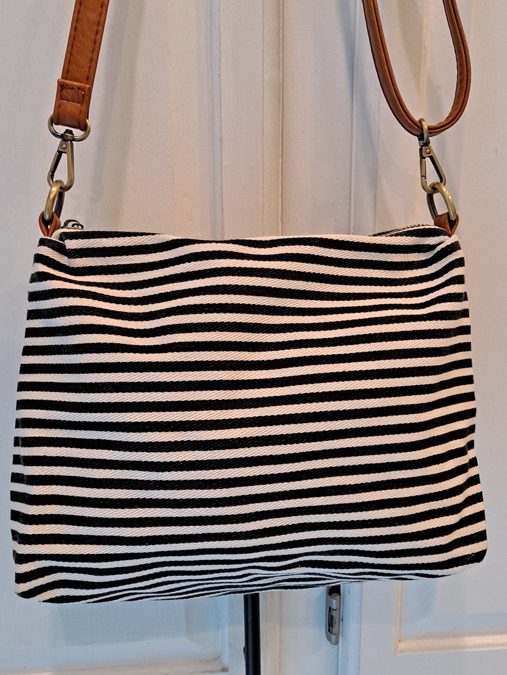 Joy Susan Black and White Striped Crossbody with Brown Strap